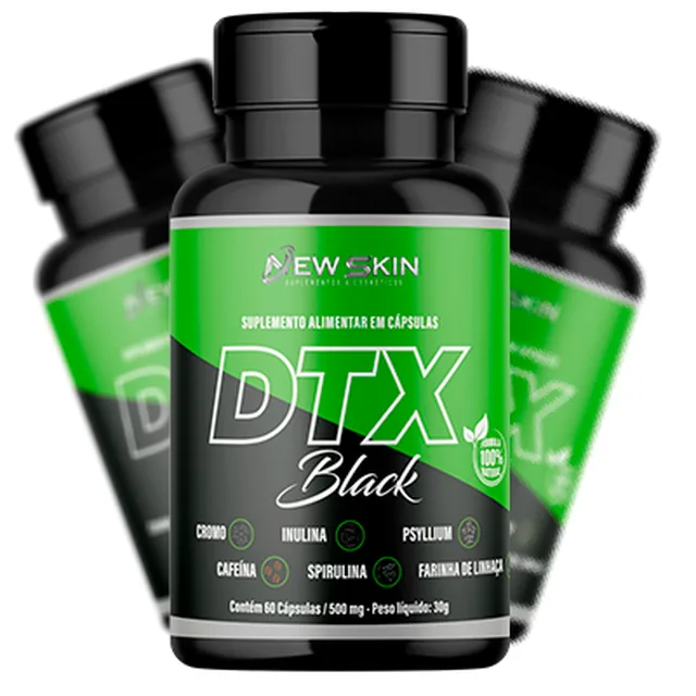 Tr&ecirc;s potes de DTX Black. O r&oacute;tulo lista Cromo, Inulina, Psyllium, Cafe&iacute;na, Spirulina e Farinha de Linha&ccedil;a, e informa 60 c&aacute;psulas de 500 mg, peso l&iacute;quido 30 g.