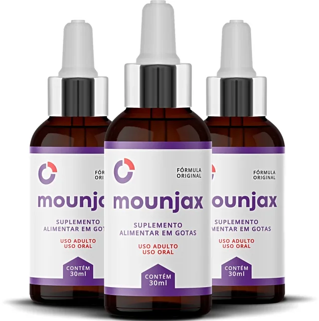 Tr&ecirc;s frascos de Mounjax. O r&oacute;tulo informa suplemento alimentar em gotas, uso adulto e uso oral, cont&eacute;m 30 ml.