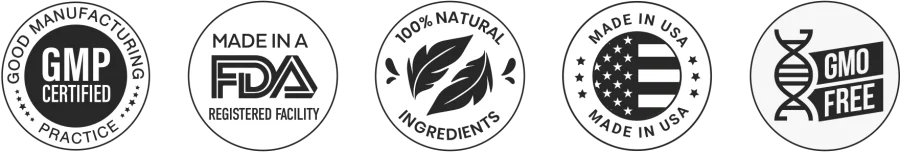 GMP Certified, FDA Registered Facility, 100% Natural Ingredients, Made in USA, GMO Free. Seals as displayed by the manufacturer.