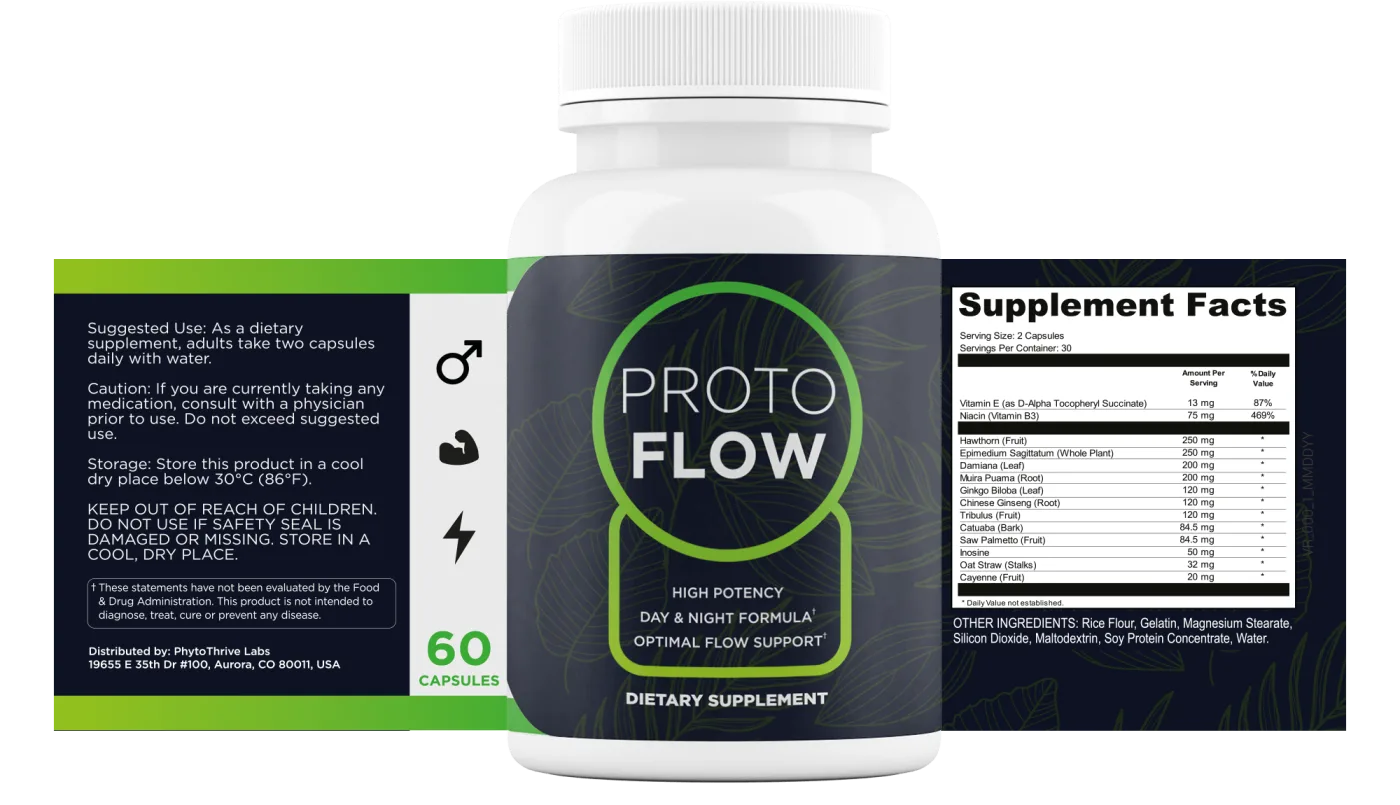 Protoflow bottle with its Supplement Facts panel, suggested use, caution and storage text